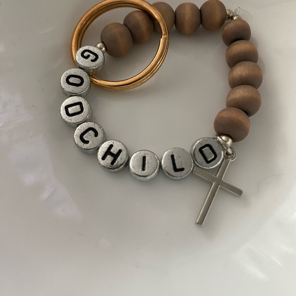 Kids Hand made Wooden Bead Bracelet with Silver and Gold Accents ‘GODCHILD’